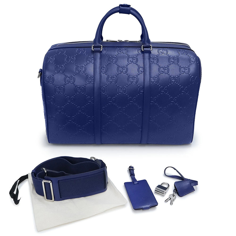 Gucci Boston Embossed Duffle Crossbody Leather Travel Bag Shoulder GG Blue